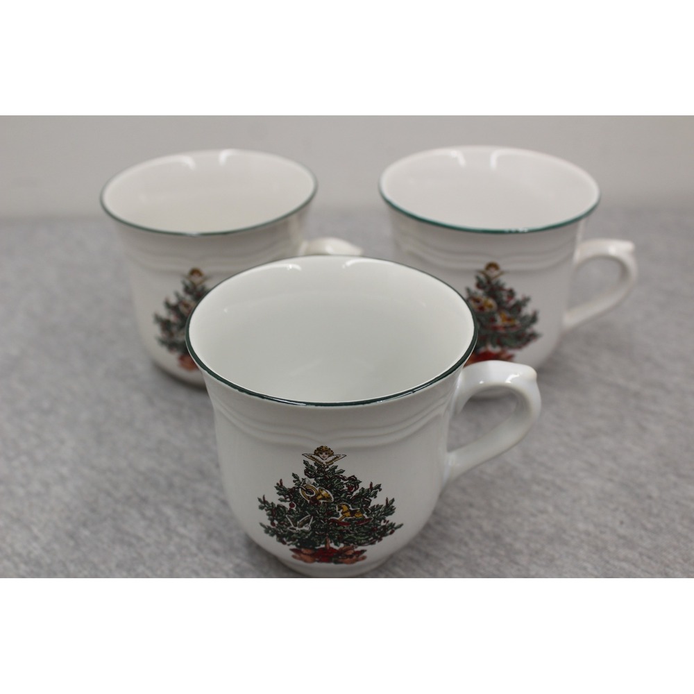 Holly and Lace Mugs White Christmas Tree Stoneware Set of 3 Holiday Replacements